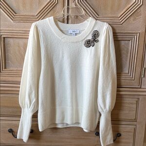 CeCe Cream Sweater with Embellished Bow
